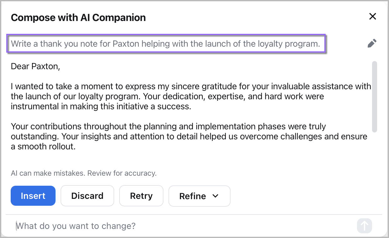 An image demonstrating Email Compose generating an email based on user-provided context.