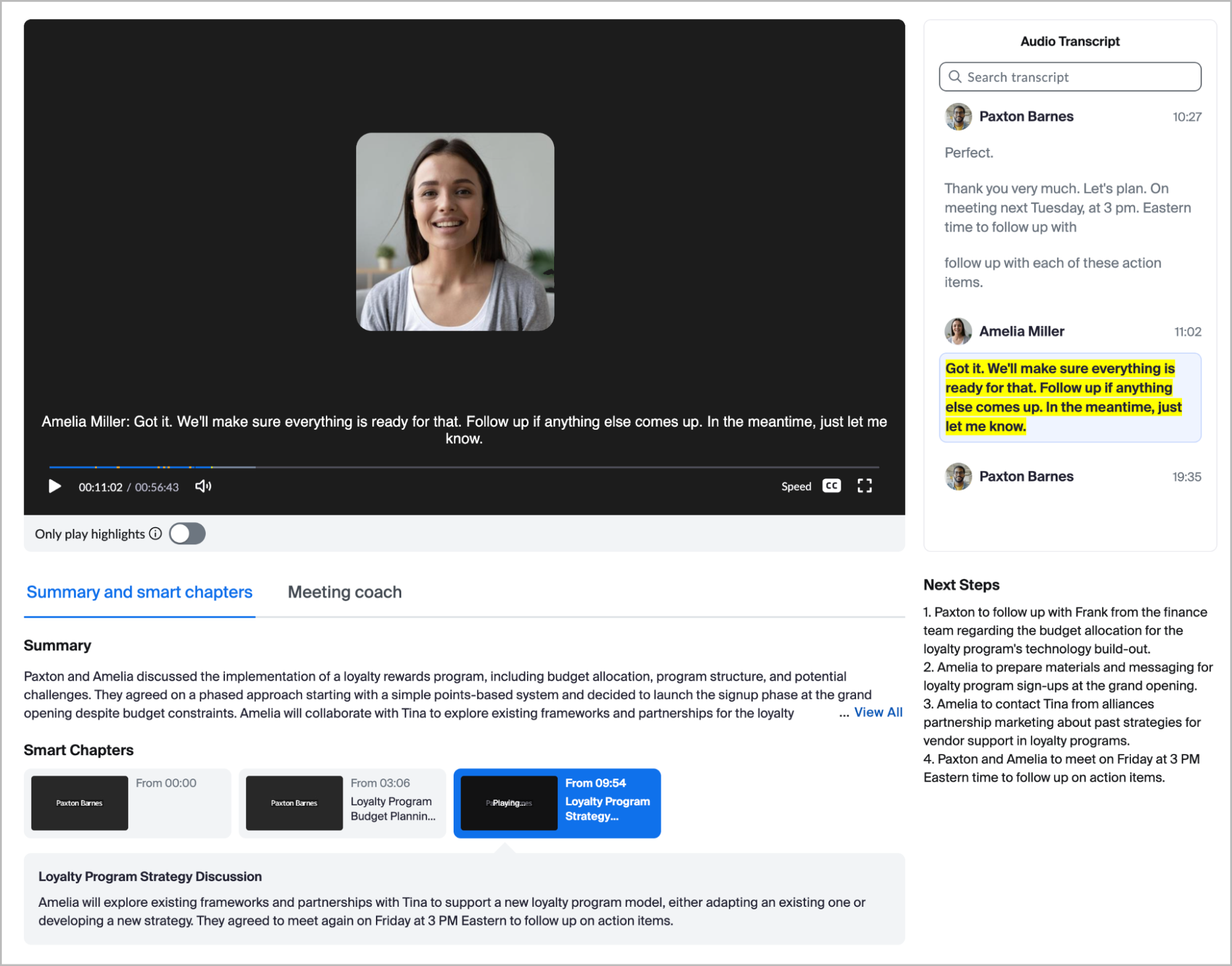 An image showcasing Smart Recording Chapters, next Steps, Transcripts, a Summary, and more.