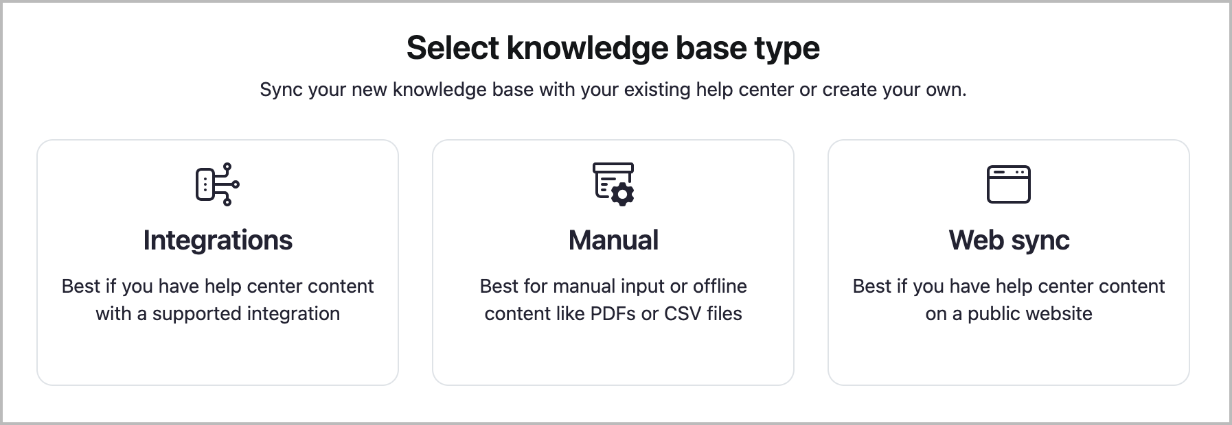 An image showing the interface for choosing a Knowledge Base type