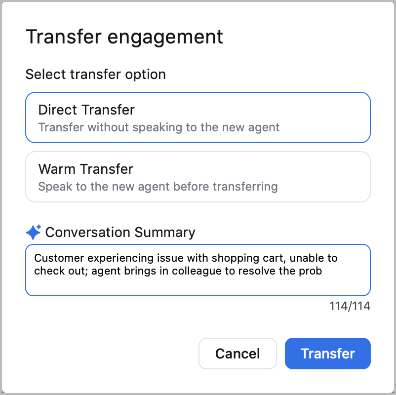 An image demonstrating an automated conversation summary when transferring a call